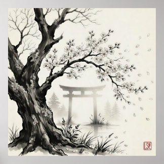 Kersenbloesem & Toriihek — Japanse Sumi-e inkt Poster