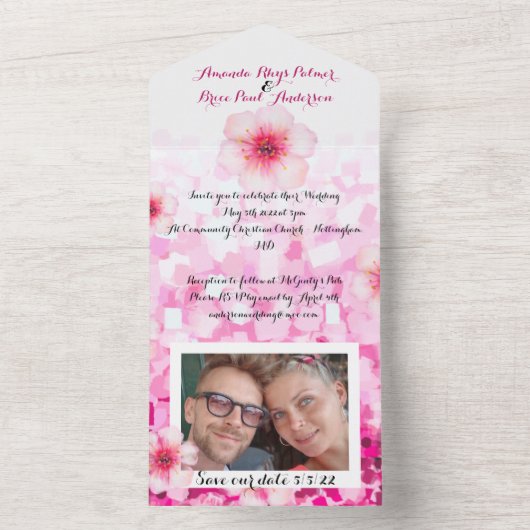 Kersenbloesem trouwkaart & save date foto all in one uitnodiging (Binnen)