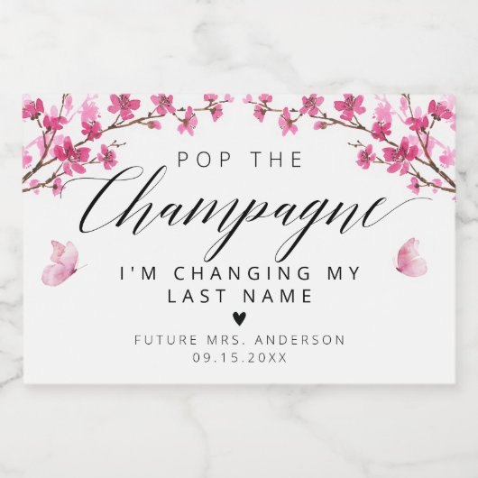 Kersenbloesem vlinder roze champagne sparkling wijnetiket (Enkel label)