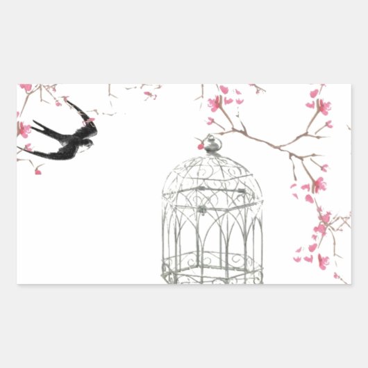 Kersenbloesem, vogel, vogelkooi - origineel, stijl rechthoekige sticker (Voorkant)