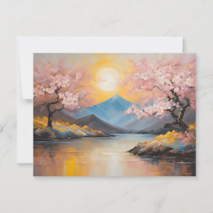 Kersenbloesem, zonsondergang over berglandschap briefkaart