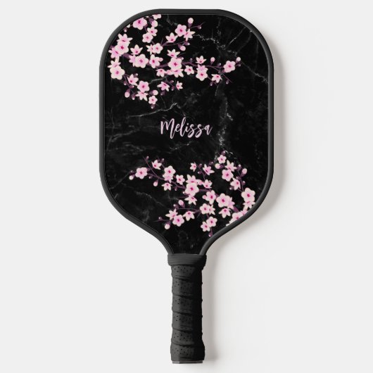 Kersenbloesem zwart marmer monogram pickleball paddle (Voorkant)