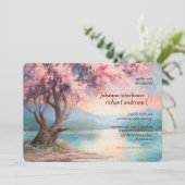 Kersenbloesemboom in de buurt van het meer bruilof kaart (Staand voorkant)