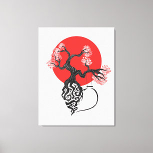Kersenbloesemboom met Japanse zon Canvas Afdruk