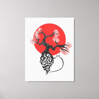 Kersenbloesemboom met Japanse zon Canvas Afdruk