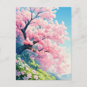 Kersenbloesemboom op zonnige groene heuvelhelling briefkaart