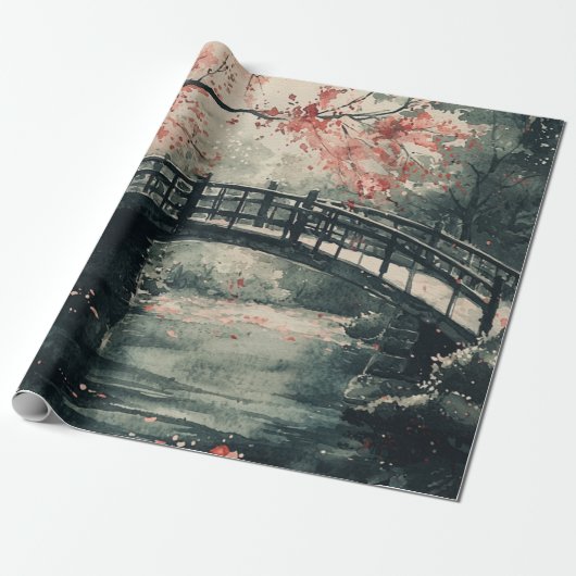 Kersenbloesembrug Sumi-E Landschap Cadeaupapier (Uitgerold)