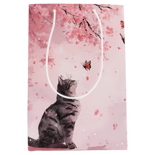 Kersenbloesemkat en vlinders (12) medium cadeauzakje (Voorkant)