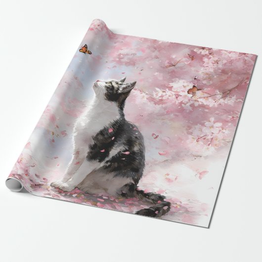 Kersenbloesemkat en vlinders (1) cadeaupapier (Uitgerold)
