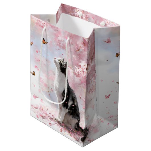 Kersenbloesemkat en vlinders (1) medium cadeauzakje (Voorkant Gekanteld)