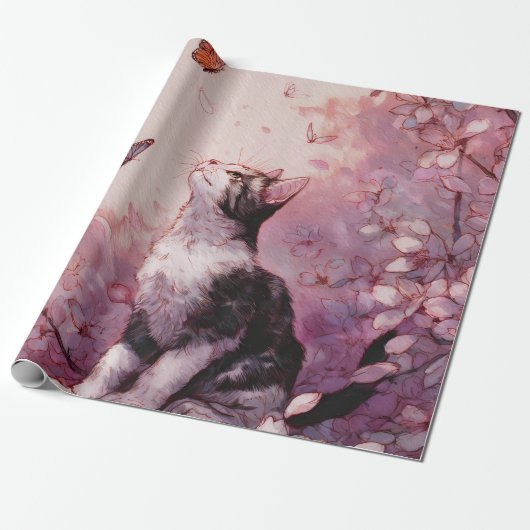 Kersenbloesemkat en vlinders (2) cadeaupapier (Uitgerold)