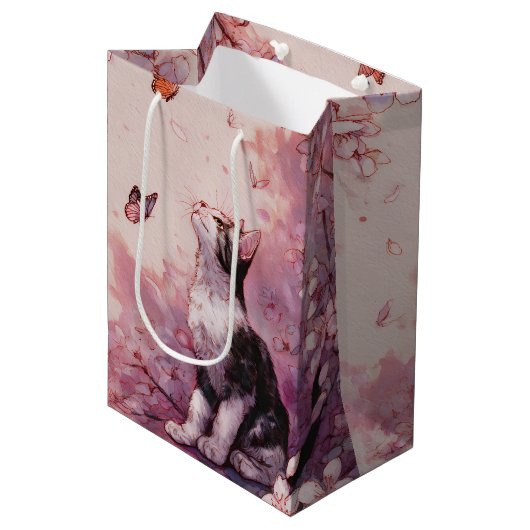 Kersenbloesemkat en vlinders (2) medium cadeauzakje (Voorkant Gekanteld)