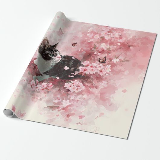 Kersenbloesemkat en vlinders (8) cadeaupapier (Uitgerold)