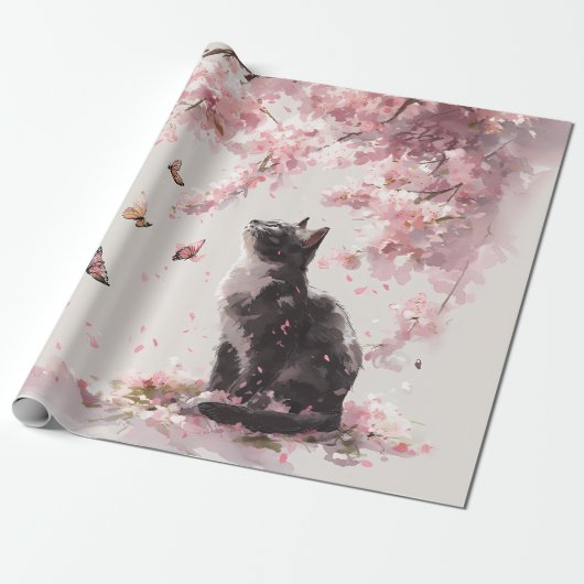 Kersenbloesemkat en vlinders (9) cadeaupapier (Uitgerold)
