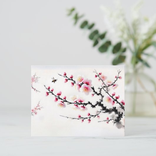 Kersenbloesems Aziatische inkt schilderij Feestdagenkaart (Staand voorkant)
