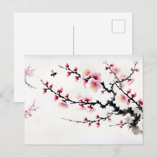 Kersenbloesems Aziatische inkt schilderij Feestdagenkaart (Voorkant / Achterkant)