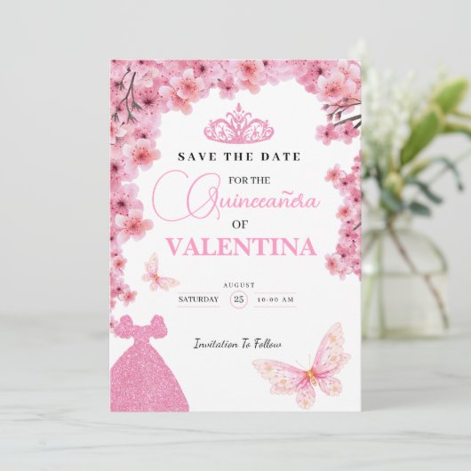 Kersenbloesems bloemenroze Butterfly Quinceañera Save The Date (Staand voorkant)