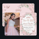 Kersenbloesems Bloemenvlinders zoet 16 Foto Save The Date<br><div class="desc">Personaliseer deze chique kersenbloesems bloesem Sweet 16 verjaardagsfoto / afbeelding bespaar de datum gemakkelijk en snel. Klik op de knop verder aanpassen om de teksten te bewerken,  lettertypen en lettertypekleuren te wijzigen. Met  kersenbloesems en roze en roos gouden vlinders. Overeenkomende objecten beschikbaar in de winkel. c) Somerset Fine Paperie</div>