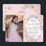 Kersenbloesems Bloemenvlinders zoet 16 Foto Save The Date<br><div class="desc">Personaliseer deze chique kersenbloesems bloesem Sweet 16 verjaardagsfoto / afbeelding bespaar de datum gemakkelijk en snel. Klik op de knop verder aanpassen om de teksten te bewerken,  lettertypen en lettertypekleuren te wijzigen. Met  kersenbloesems en roze en roos gouden vlinders. Overeenkomende objecten beschikbaar in de winkel. c) Somerset Fine Paperie</div>