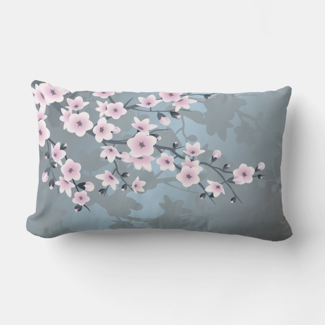 Kersenbloesems Bloemige Stof Roze Blauw Kussen (Voorkant)