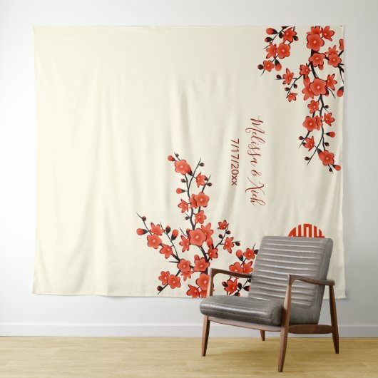 Kersenbloesems CreamChinese bruiloft achtergrond Wandkleed (In Situ (horizontaal))