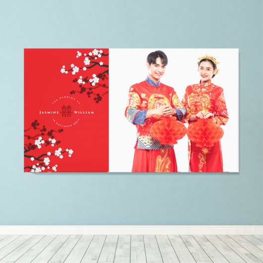 Kersenbloesems & Dubbel Geluk Trouwfoto Canvas Afdruk (Insitu (Houten vloer))