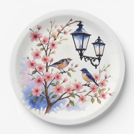 Kersenbloesems en vogels papieren bordje (Voorkant)
