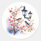 Kersenbloesems en vogels ronde sticker (Voorkant)