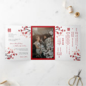 Kersenbloesems foto tweetalige Chinese bruiloft Drieluik Uitnodiging (Binnen)
