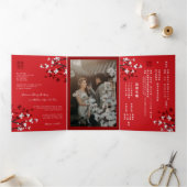 Kersenbloesems foto tweetalige Chinese bruiloft Drieluik Uitnodiging (Binnen)