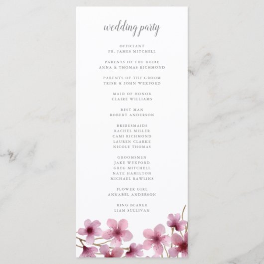 Kersenbloesems huwelijksceremonie programma programmakaart (Achterkant)