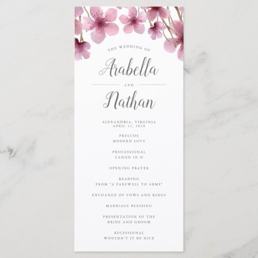 Kersenbloesems huwelijksceremonie programma programmakaart (Voorkant)