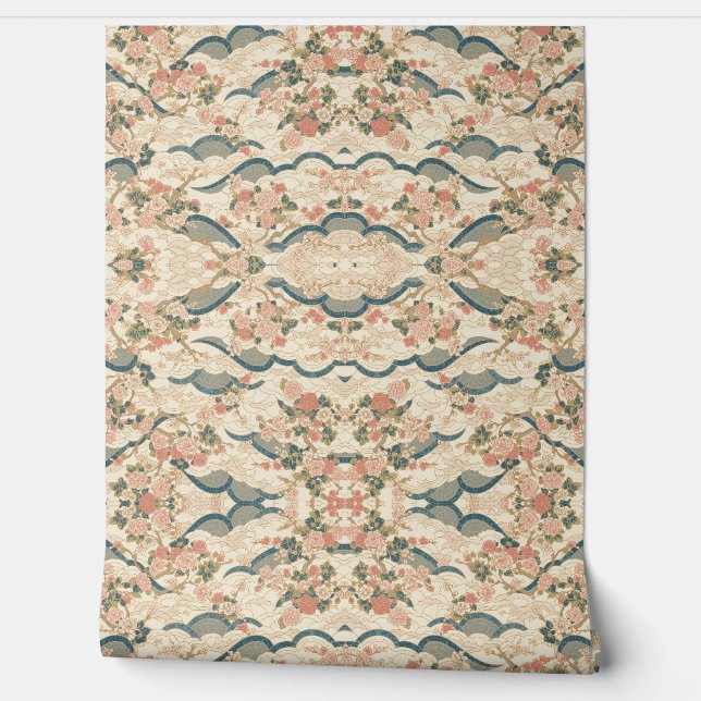 Kersenbloesems, Kanji in roze, blauw en goud Behang (Afrollen)