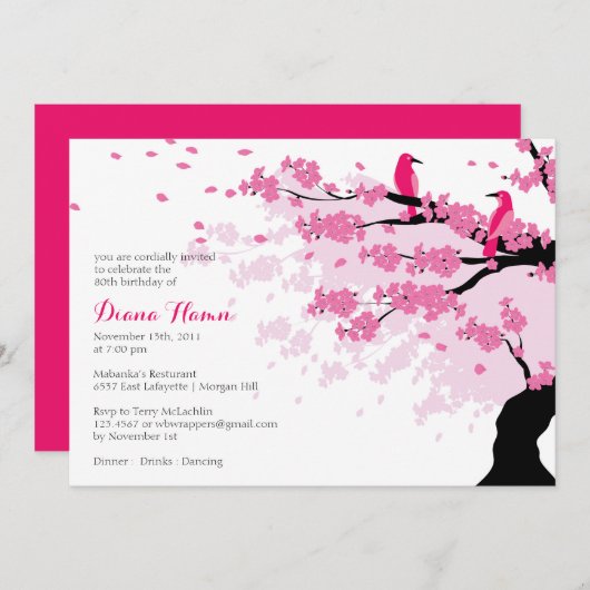 Kersenbloesems met vogels verjaardagsuitnodiging kaart (Voorkant / Achterkant)