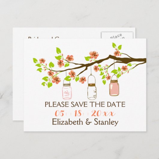 Kersenbloesems, metselaarskruiken bruiloft Save th Aankondigingskaart (Voorkant / Achterkant)