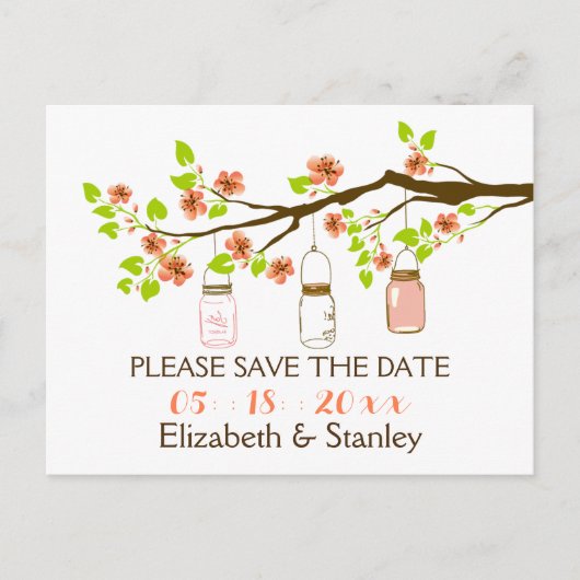 Kersenbloesems, metselaarskruiken bruiloft Save th Aankondigingskaart (Voorkant)