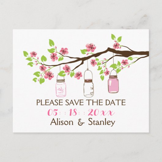 Kersenbloesems, metselaarskruiken bruiloft Save th Aankondigingskaart (Voorkant)