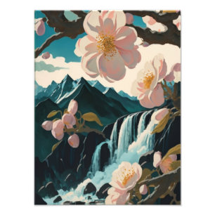 Kersenbloesems Omhels een rustige waterval Foto Afdruk