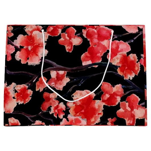 KERSENBLOESEMS OP ZWARTE Gift Bag Groot Cadeauzakje (Voorkant)