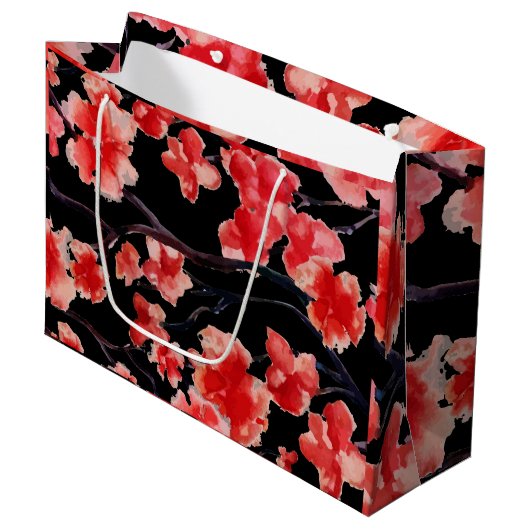 KERSENBLOESEMS OP ZWARTE Gift Bag Groot Cadeauzakje (Voorkant Gekanteld)