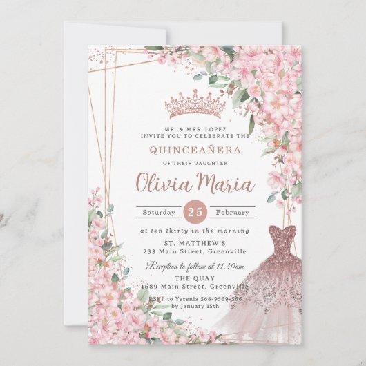 Kersenbloesems Roos gouden jurk jurk quinceañera Kaart (Voorkant)