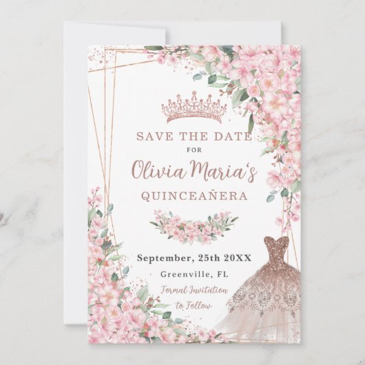 Kersenbloesems Roos gouden jurk jurk quinceañera Save The Date (Voorkant)