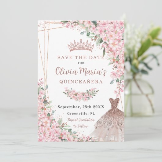 Kersenbloesems Roos gouden jurk jurk quinceañera Save The Date (Staand voorkant)