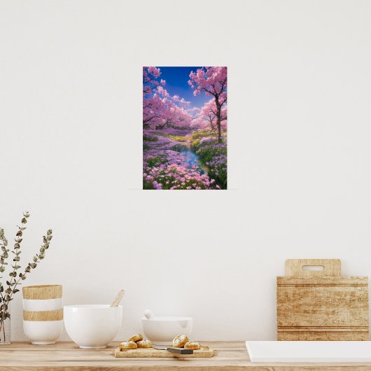 Kersenbloesems, roze bloemen en een zachte stroom poster (Keuken)