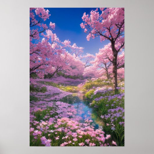 Kersenbloesems, roze bloemen en een zachte stroom poster (Voorkant)