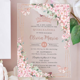 Kersenbloesems Roze Goud Vlinders Quinceañera Acryl Uitnodigingen