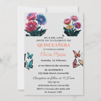 Kersenbloesems Roze Goud Vlinders Quinceañera Kaart