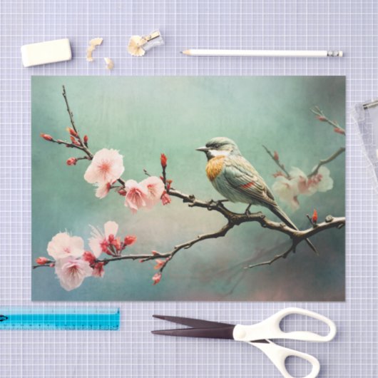 Kersenbloesems Sparrow Turquoise Sky Bird Bloemen Tissuepapier (Craft)
