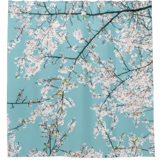 Kersenbloesems: Turquoise bloementrend Douchegordijn (Voorkant)