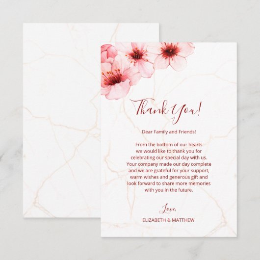 Kersenbloesems Waterverf Marmeren Bruiloft Bedankkaart (Voorkant / Achterkant)
